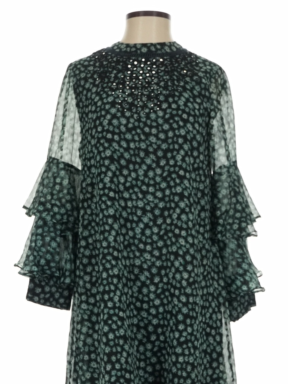 Ranna Gill Dark Green Floral Tiered Ruffle Sleeve Tunic